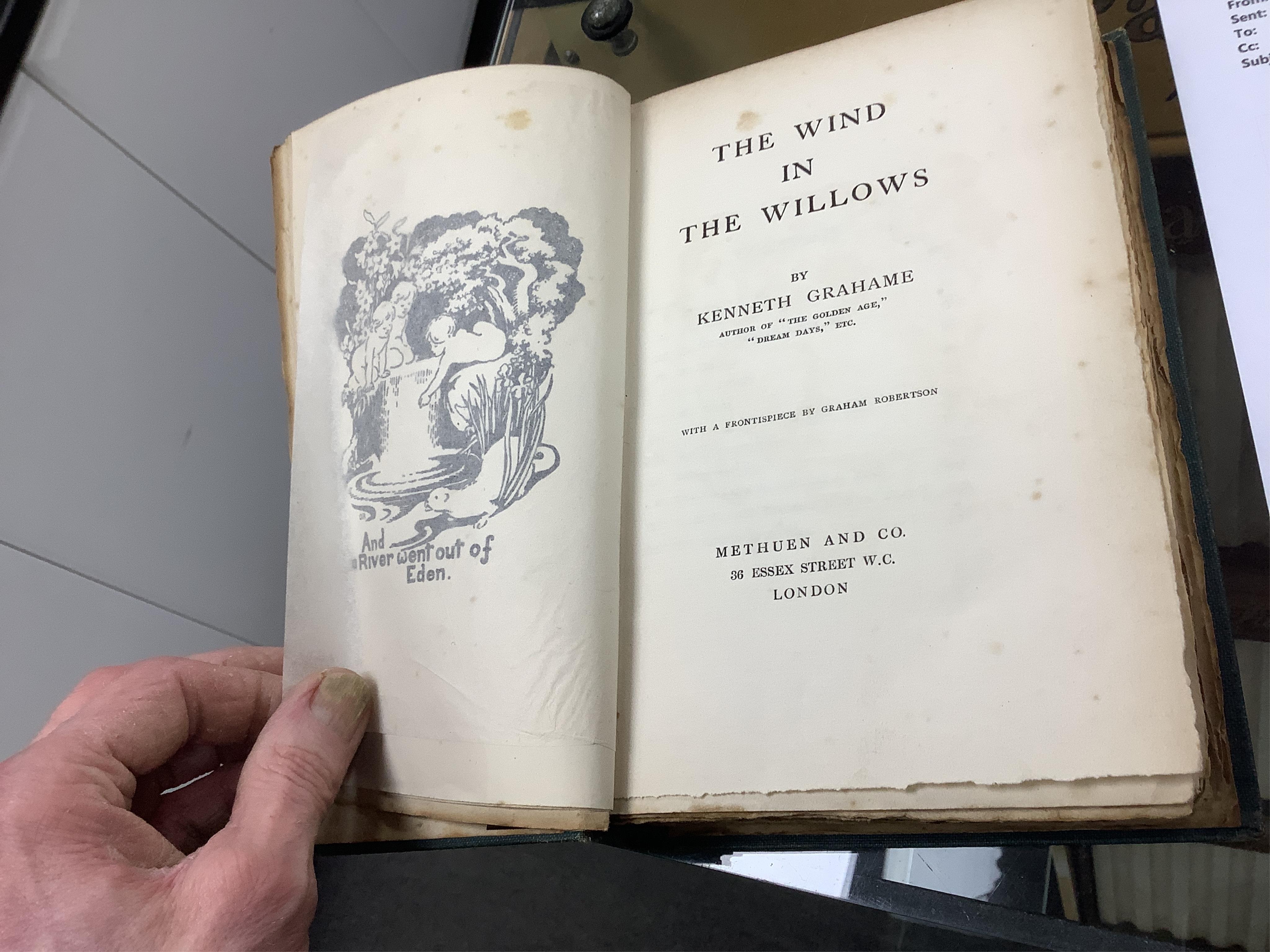 Grahame, Kenneth - The Wind in the Willows ... First Edition. frontispiece (by Graham Robertson) and tissue guard, half title; original gilt ruled and pictorial cloth, gilt top with other edges rough trimmed. Methuen and